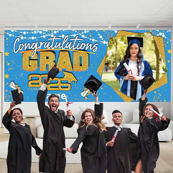 Custom Garaduation Garage Door Banner Cover 16 x 7 ft Class of 2026 Congrats Grad Party Backdrop Personalized Graduation Decoration(Sky Blue and Gold)
