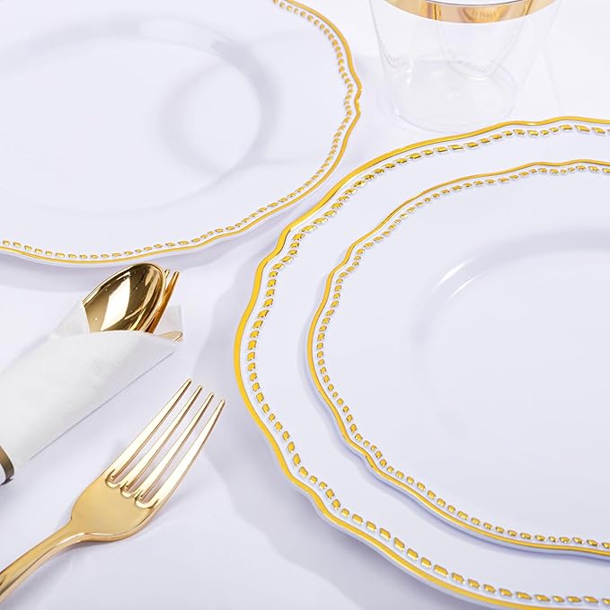 Hioasis 175pcs White and Gold Plastic Plates - Gold Plastic Dinnerware Set Includes 25 Dinner Plates, 25 Dessert Dinnerware, 25 Cups, 25 Rolled Napkin Cutlery Perfect for Wedding & Party