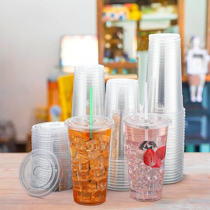 Hushee 500 Sets 32 oz Clear Plastic Cups with Lids and Individually Wrapped Straws Disposable PET Cups for Iced Coffee Cold Drinks Smoothie Juice Parfait Milkshake Parties