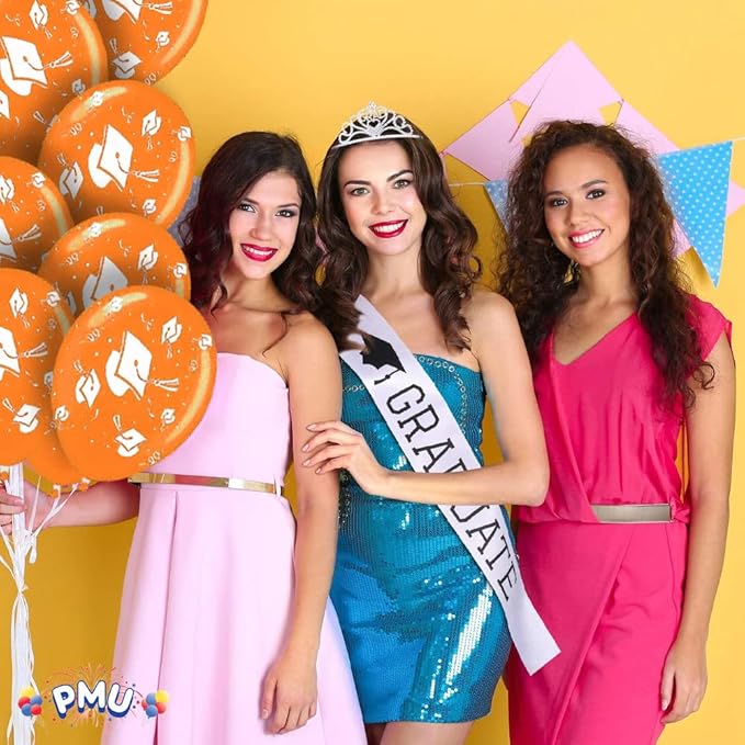 PMU 100 Pcs Orange Graduation Balloons Class of 2025 with All-Over Print White Grad Caps-Confetti and Streamers | Graduation Party Supplies | Congratulations Grad Latex Balloons Latex
