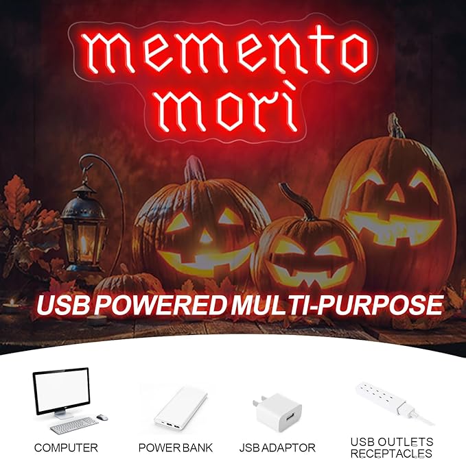 Memento Mori Neon Sign, Red Stoic Wall Art, Gothic LED Light, Creepy Halloween Decor, Gothic Decoration, Satanic Witch Decor, 16.5"x6.7"