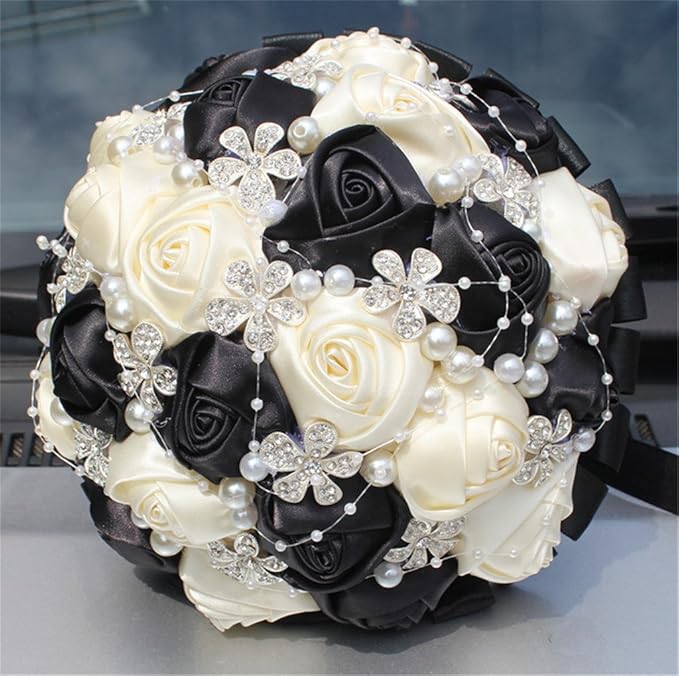 S_SSOY Hand Made Shining Crystal Rhinestones Pearl Silk Rose Bridesmaid Bridal Artificial Bouquets Customization Bride Holding Bouquet Wedding with Corsage Flower, A-018, Black+Creamy