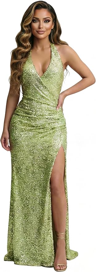 Halter Sequin Prom Dress for Women 2026 Pleats Formal Evening Dress with Slit L01032