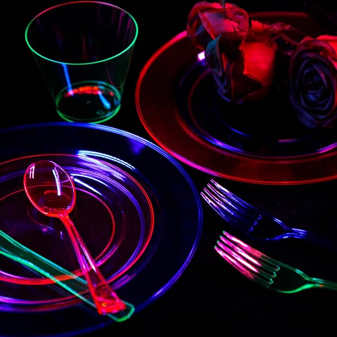 Supernal 216pcs Plastic Dinnerware Set include Rainbow Disposable Plates for Party Heavy Duty,Colorful Disposable Cups,Plastic Silveware in Neon Pink,Blue,Green,Yellow, Pefect for Birthdays
