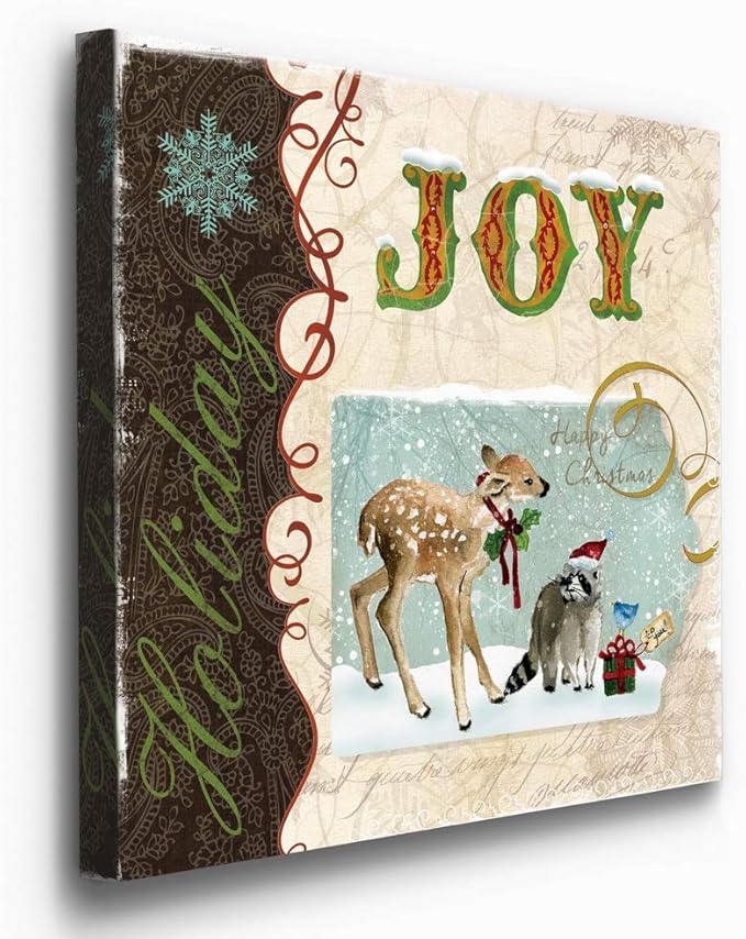 Renditions Gallery Holiday Joy Wall Art, Cute Winter Decor, Festive Fawn Deer, Raccoon, & Bluebird with Present, Premium Gallery Wrapped Canvas, Ready to Hang, 40 in H x 40 in W, Made in America