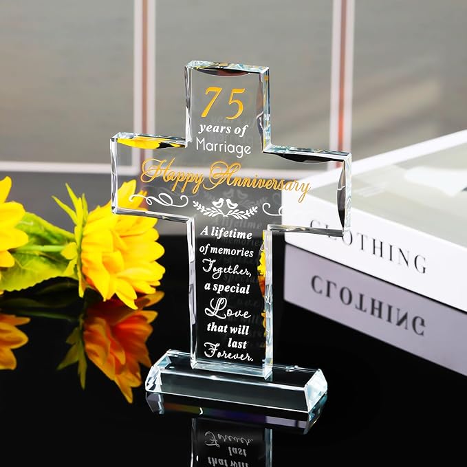 YWHL 75th Anniversary Cross Gifts for Parents Grandparents, Laser Carved 75 Years of Marriage Cross Decoration, 75 Years Wedding Anniversary Keepsake for Couple