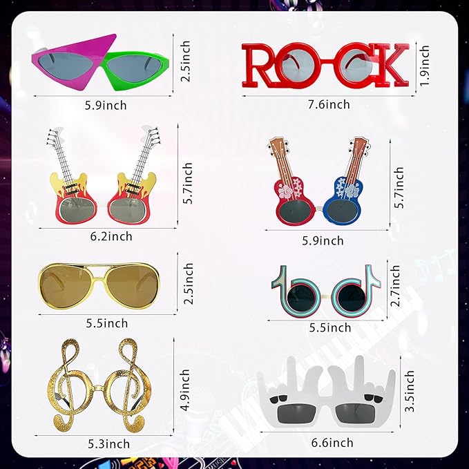 Large Rock Star Funny Sunglasses Set, Rock and Roll Party Funny Music Sunglasses, Inflatable Guitar Microphone for 70s, 80s, 90s, Music Party, Photo Booth Props for Carnival Rock and Roll Party