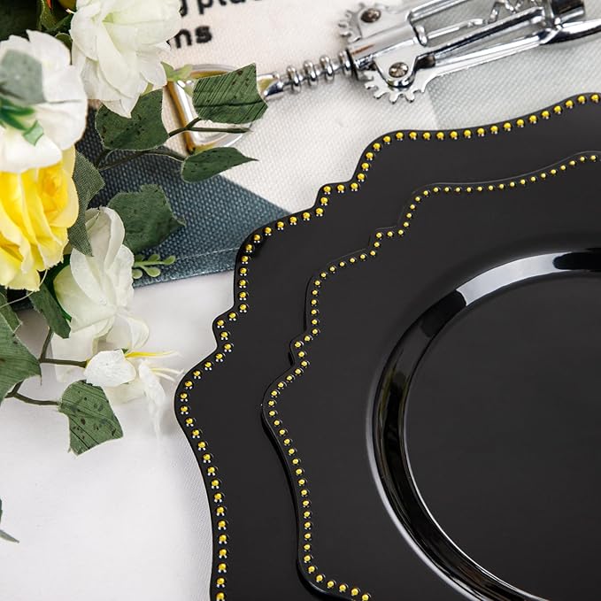 COLOSUS Black Plastic Plates Set,Heavy Duty Black Disposable Plates for 50 guests,Include 50PCS 10.5inch Dinner Plate and 50PCS 8.25 inch Dessert Plate for Halloween Party/Wedding/New Year/Birthday