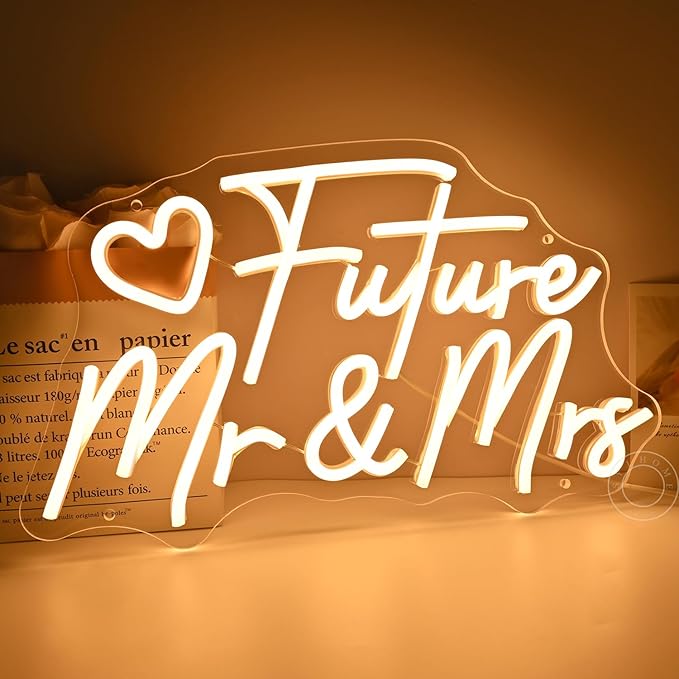 SYLHOME Future Mr & Mrs Led Neon Light Sign Wedding Wall Decor Sign Banner Engagement Party Bridal Shower Light Up Sign Backdrop 15.75" X 9.25" USB Warm