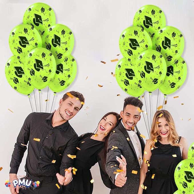 PMU 100 Pcs Lime Green Graduation Balloons Class of 2025 with All-Over Print White Grad Caps-Confetti and Streamers | Graduation Party Supplies | Congratulations Grad Latex Balloons Latex
