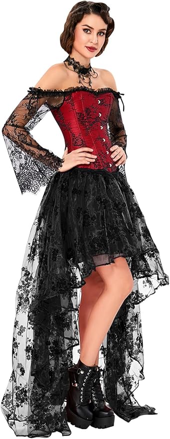 Kimring Women's Steampunk Victorian Off Shoulder Corset Top with High Low Skirt