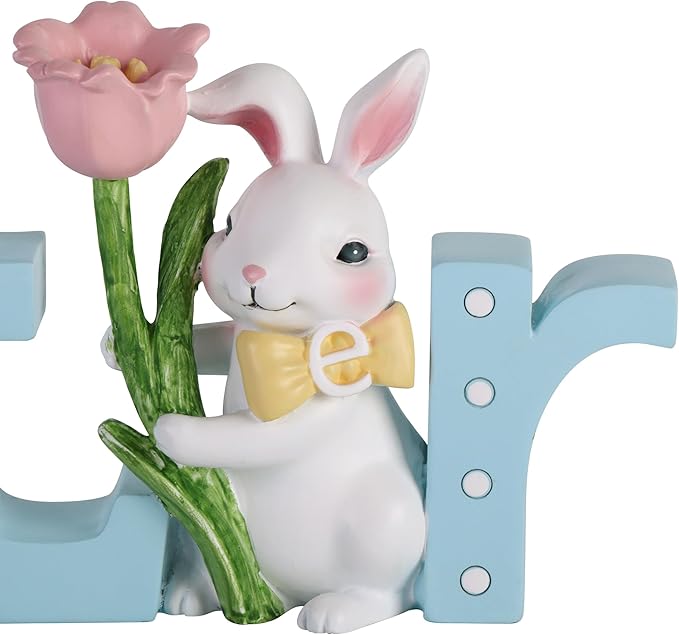NIKKY HOME Easter Decor for Table, Easter Bunny Sign Table Decor, Cute Rabbit Centerpiece Resin Holiday Decorations for Shelf Mantel Spring Decorations for Party