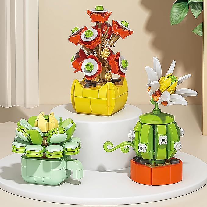 Valentines Day Gifts for Kids - 24 Packs Succulents Building Blocks with Valentines Day Cards for Kids School Boys Girls, Artificial Botanical Toy Exchange Gifts Classroom Prizes Party Favor