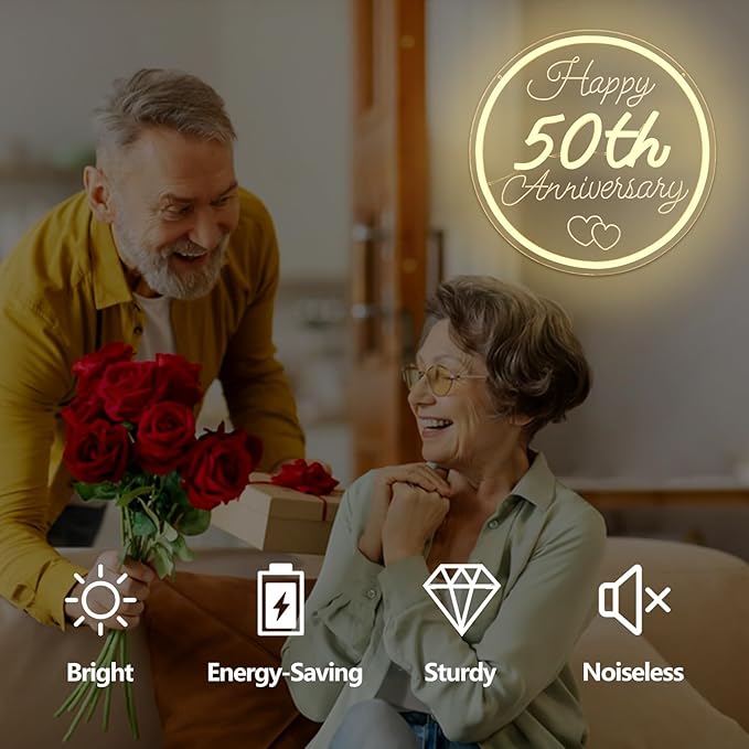 50th Anniversary Neon Sign Dimmable Happy Anniversary Sign Wedding Anniversary Decorations Led Sign Best 50th Gifts for Parents Couples(11.26")