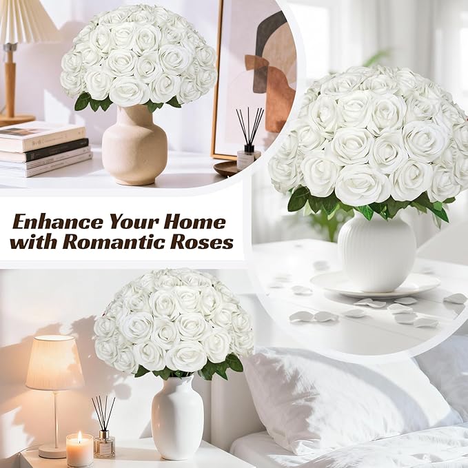 100 Pcs Fake White Roses Artificial Flowers Bulk, Faux Velvet Silk Rose Bouquet with Long Stems Real Look for Wedding Party Centerpieces Vases Decor