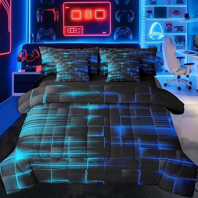 Feelyou Blue and TealBlue Comforter Set with Sheets 7 Piece Full Size Kids Geometric Bed in a Bag Strip Lines Bedding Set Abstract Art Bed Set with Comforter, Sheets,Cushion Covers