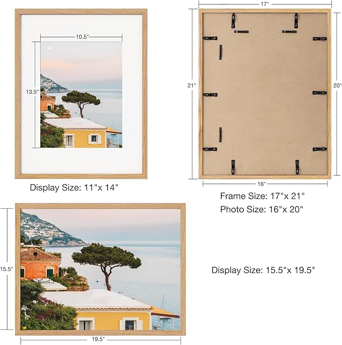 Axeman 16x20 Picture Frame with Mat for 11x14, Solid Oak Wood Poster Frame with Tempered Glass for Home Decor, Wooden 16x20inch Photo Frame for Art Photo and Prints, Set of 2, Natural