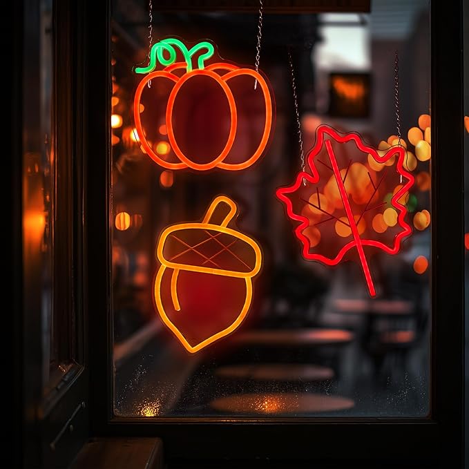 Hanna Roberts 3 PcsThanksgiving Neon Sign, Pumpkin Maple Leaf Acorn Neon LED Lights, USB Powered window lights for Halloween Thanksgiving Party, 3D Wall Art Signs for Home Bedroom Living Room