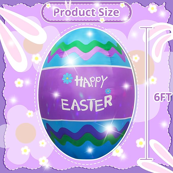 6FT Easter Egg Inflatable Outdoor Yard Decoration Build-in LED Lights,Colorful Large Easter Painted Eggshell Blow up Lighted-up Decorations Holiday Addition for Party,Garden,Lawn,Porch