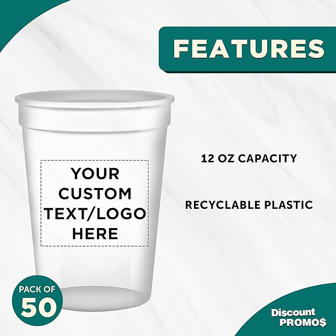 Custom Disposable Plastic Cups 12 oz. Set of 50, Personalized Bulk Pack - Perfect for Summer, Sporting Events, Birthdays, Weddings, Picnic, Beach, Parties - Clear