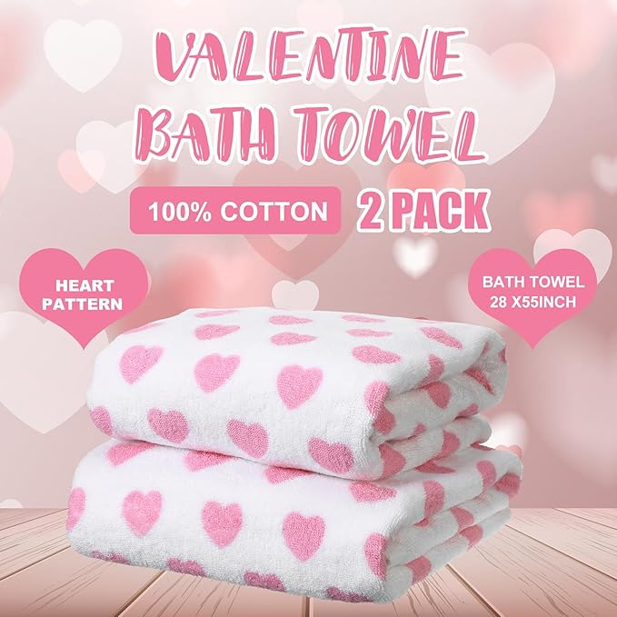 2 Pcs Valentine Hearts Cotton Bath Towels Gift Set 55 x 28 Inch Galentine Decoration Red Pink Hearts Soft Cotton Bath Towels for Valentine Gifts Home Travel Swim Bathroom Shower Supplies(Pink)