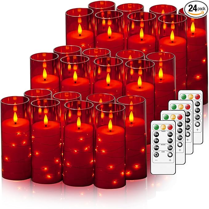 Flickering Flameless LED Candles,Battery Operated Candles 24 Pcs with Embedded Star String,Acrylic LED Pillar Candles with Remote,Suitable for Home Decoration to Create an Atmosphere (Red)