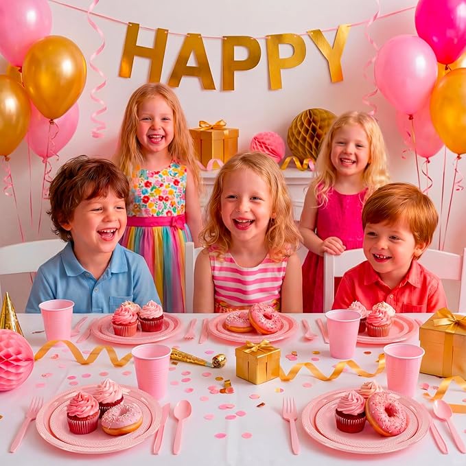 MirthMood 350pcs Pink Plates Disposable Including Pink Plastic Plates, 12OZ Cups, Plastic Cutlery and Napkins Serve 50 Guests for Spring Wedding,Birthday Party Dinner,Valentine's Day