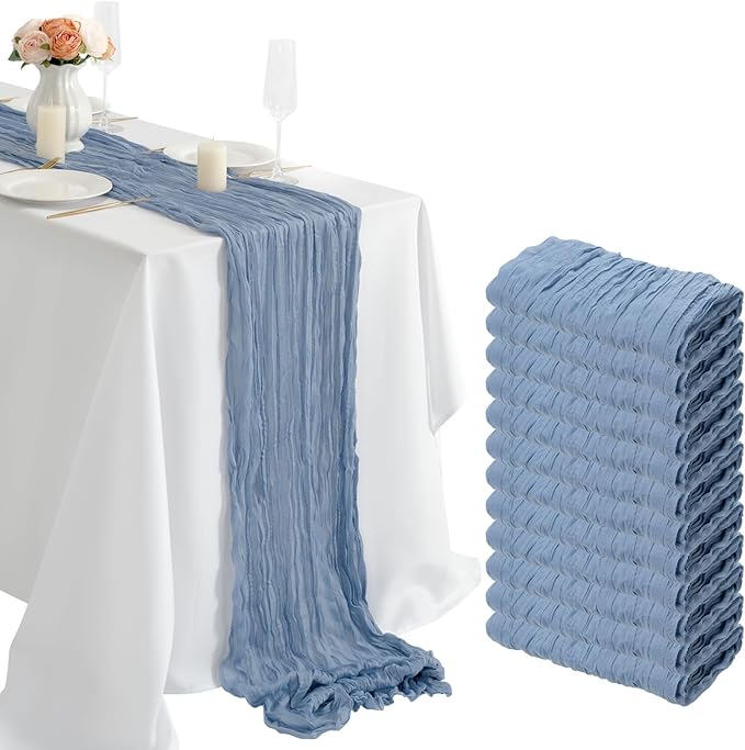 combocube 12 Pack 35x120 Inch 10Ft Cheesecloth Long Table Runner Gauze Rustic Romantic Table Cloth for Wedding Reception Bridal Shower Holiday Birthday Party Table Decorations, Dusty Blue