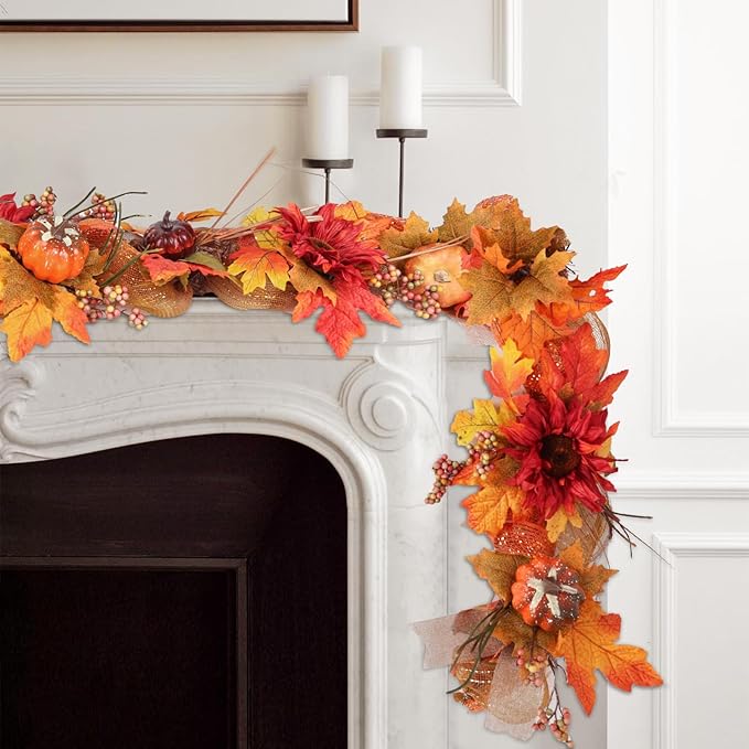 2 Pack 6ft Thick Fall Maple Leaves Garland with Pumpkin and Berry, Artificial Sunflower Autumn Harvest Garland w/Ribbon for Mental, Thanksgiving, Halloween, Fireplace Porch Indoor Outdoor Decoration