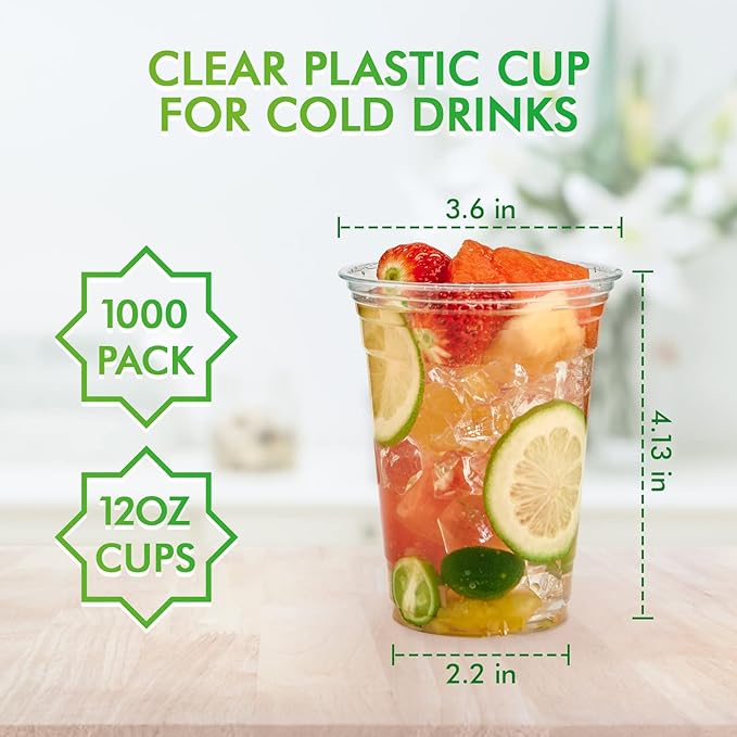 Lilymicky 1000 Pack 12 oz Clear Plastic Cups, PET Disposable Drinking Cups, Crystal Clear, Perfect for Ice Coffee, Smoothie, Soda, or Any Cold Drinks