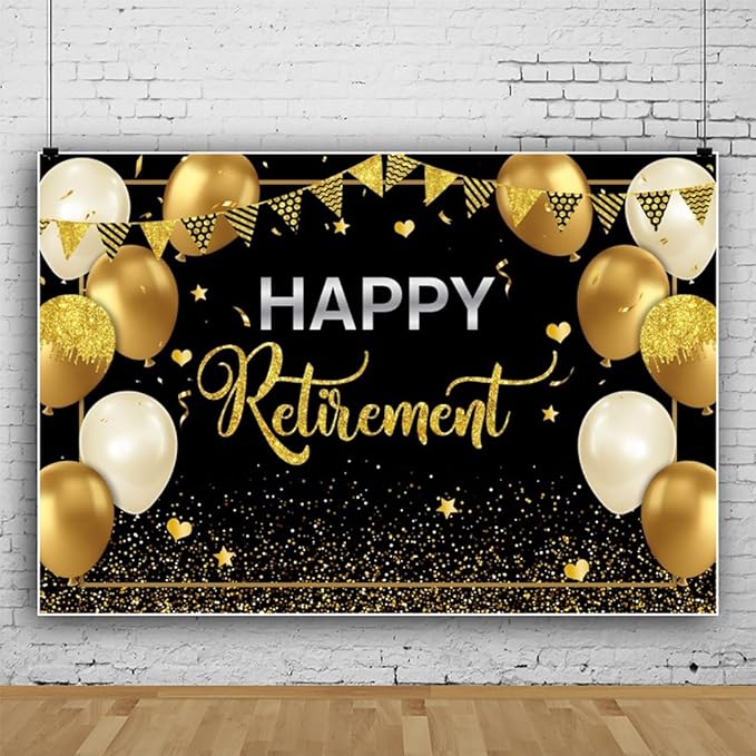 15x10ft Happy Retirement Backdrop for Photography Glitter Black Gold Retirement Party Decorations Banner Background Gold Sequins Balloons Men Women Celebrate Retirement Party Supplies Props