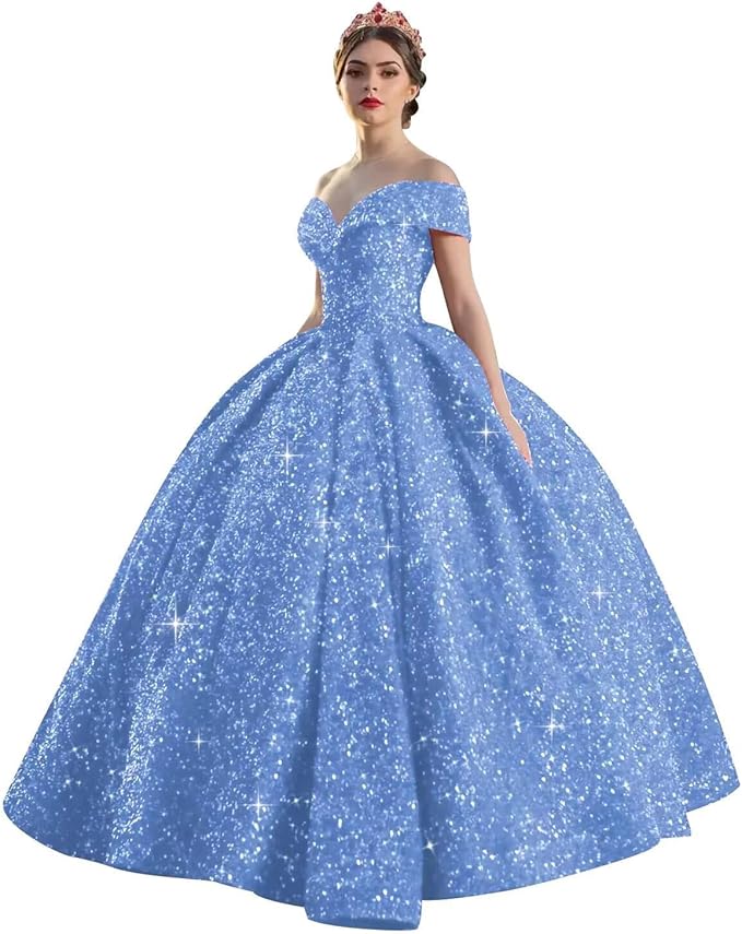 Quinceanera Dress Long Ball Gown Sparkly Sequin Off Shoulder V Neck Prom Dresses