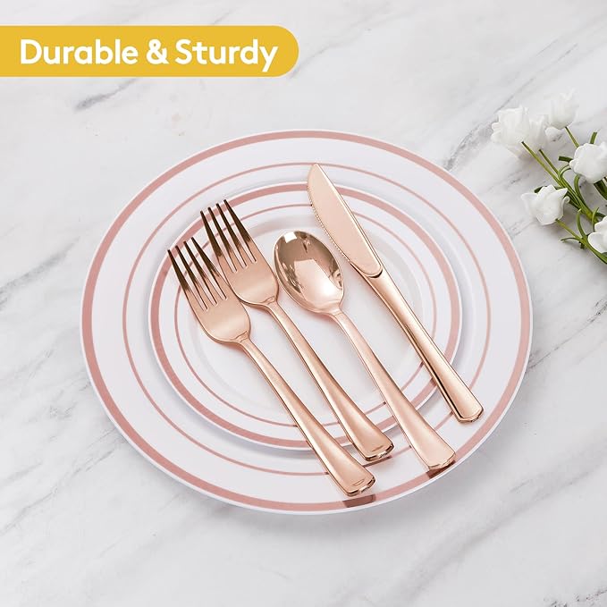 Goodluck 100 Pack Pre Rolled Rose Gold Plastic Silverware, Wrapped Cutlery Set with Napkin Include 100 Forks, 100 Knives, 100 Spoons and 100 Napkins, Fancy Disposable Silverware for Party, Wedding