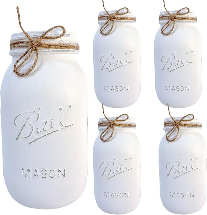 White Mason Jars Centerpieces for Tables, Set of 5-32 oz Hand-Painted Mason Jars for Wedding, Baby Shower, Bridal Shower - Rustic White Centerpieces for Tables Party (5 White Jars - No Flowers)