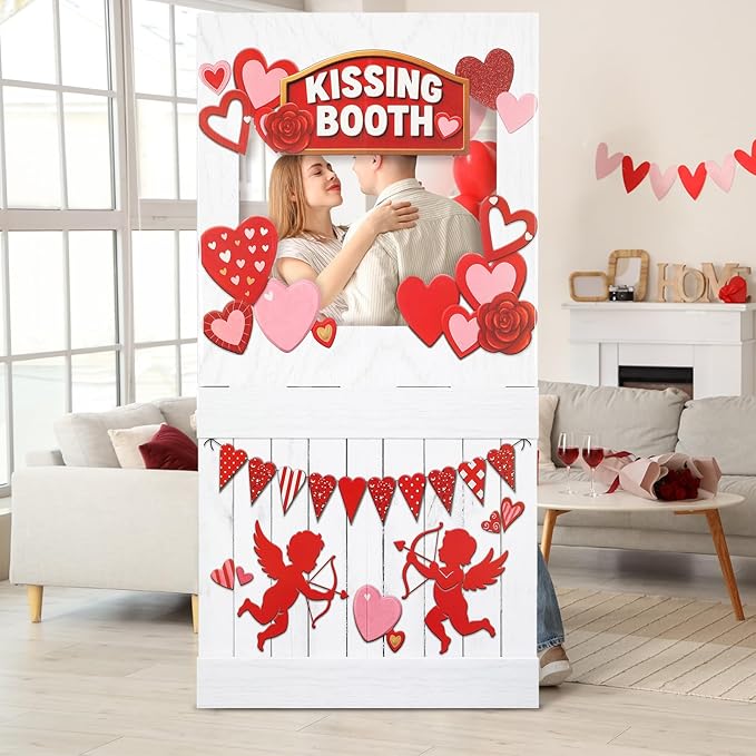 Valentine's Kissing Booth 54 x 28 in Valentines Photo Prop Kissing Booth Stand Cardboard Cutout Decorative Sign for Carnival Romantic Wedding Party Outdoor Decorations(Cupid)