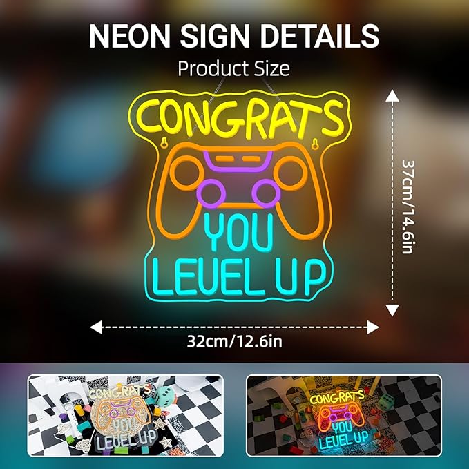 Gaming Neon Signs Congrats You Level Up Neon Sign Console LED Lights for Wall Decor Game Room Man Cave Decor Video Party Great gift for Game lovers