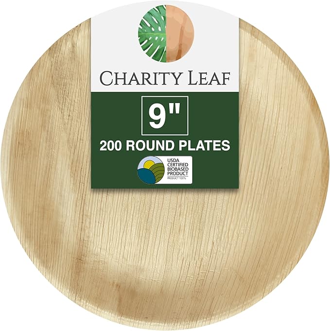 Charity Leaf Disposable Palm Leaf 9" Round Plates (200 pieces) Bamboo Like Serving Platters, Disposable Boards, Eco-Friendly Dinnerware For Weddings, Catering, Events