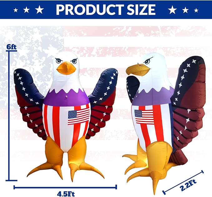 Patriotic Inflatable 6FT Bald Eagle with Flying Wings 4th of July Inflatable Yard Decorations Outdoor Holiday LED Blow up Decor for American Decorations Advertising Business Promotion
