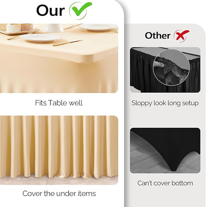 Wish Care 2 Pack Champagne Spandex Table Clothes for 4 Foot Rectangle Tables, 4FT Wrinkle Free Fitted Tablecloths Ruffles Design Table Cover for Party, Banquet, Wedding and Events