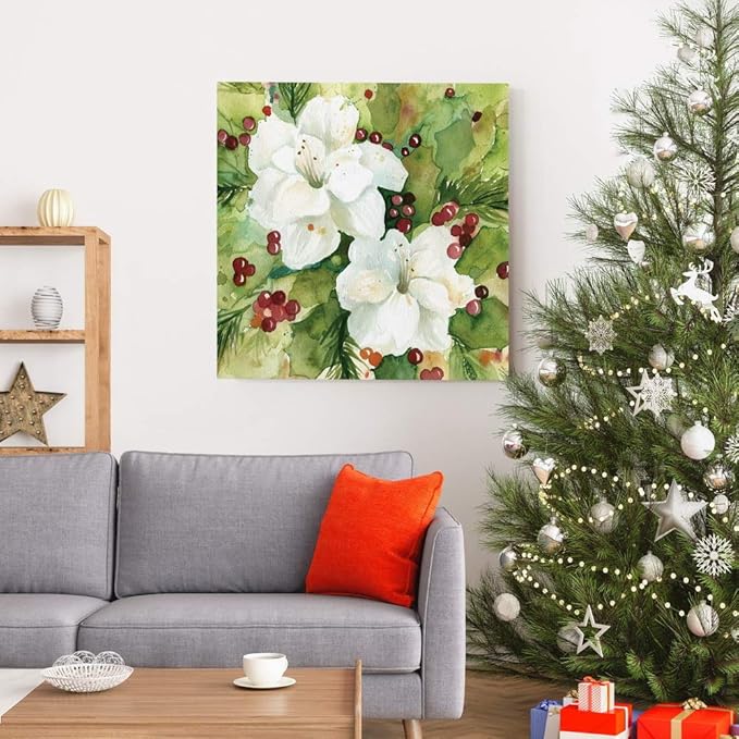 Renditions Gallery Holly Leaves Wall Art, Christmas & Winter Artwork, Festive Red & Green, Flowers, Floral, Premium Gallery Wrapped Canvas Decor, Ready to Hang, 32 in H x 32 in W, Made in America