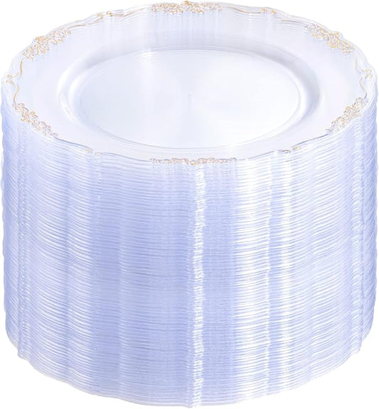 DaYammi 60PCS Clear Gold Plastic Plates Fancy Heavy Duty Clear Disposable Plates Premium 10.25inch Dinner Plates with Gold Rim Hard Plastic Plates Disposable for Party and Wedding
