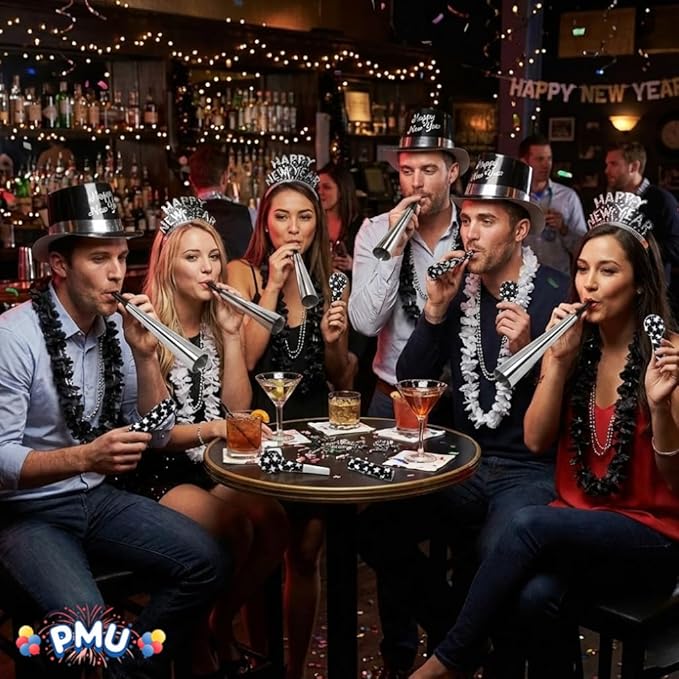PMU New Year's Eve Party Supplies New Year's Eve Decorations Supplies, 2026 Silver Legend Illusion Party Kit Assortment for 10 Persons - Outfits for Adults, Men and Women (10/psn) Pkg/1