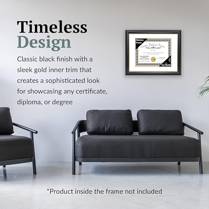 Creative Picture Frames 11.75" x 16" Rockefeller Black w/Gold Rim Diploma Frame, Displays 11.75" x 16" Certificate or 16" x 20" Document w/o Mat, College Degree Frame, Full-Strength Glass, White Mat