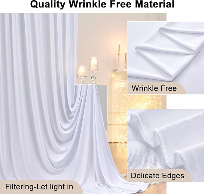 50ftx8ft White Wrinkle Free Backdrop Curtains for Parties, 10 Panels 5×8ft Silky Soft Polyester Wedding Drapes for Backdrop Decor Birthday Party Baby Shower Photo Photography Background Curtain