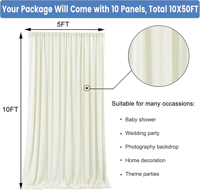 50 ft x 10 ft Wrinkle Free Ivory Backdrop Curtain for Wedding Parties, Fabric Ivory Photo Backdrop Drapes 10 Panels 5x10ft for Baby Shower Photoshoot Engagement Birthday Party Photography Background