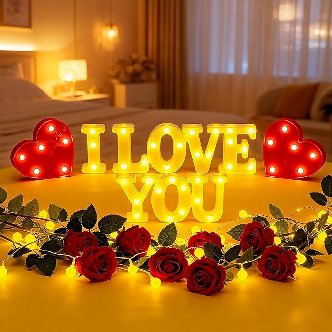 Honoson 10 Pcs I Love You Light up Sign Valentine Decoration Anniversary Present Romantic Heart LED Letters Lights for Valentine Day Wedding Engagement Boyfriend Girlfriend Lover Special Night Party