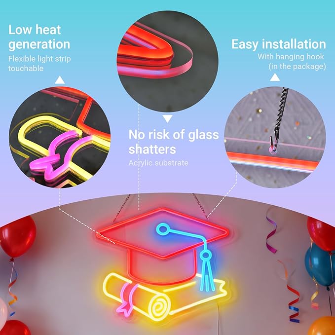 Congrats Grad Neon Sign with Cap & Diploma - 3-Color Red Yellow Ice Blue Graduation Decorations 2026, 10-Level Dimmable LED Wall Light, USB Powered Gift for Graduate, 14.5"x12.6"