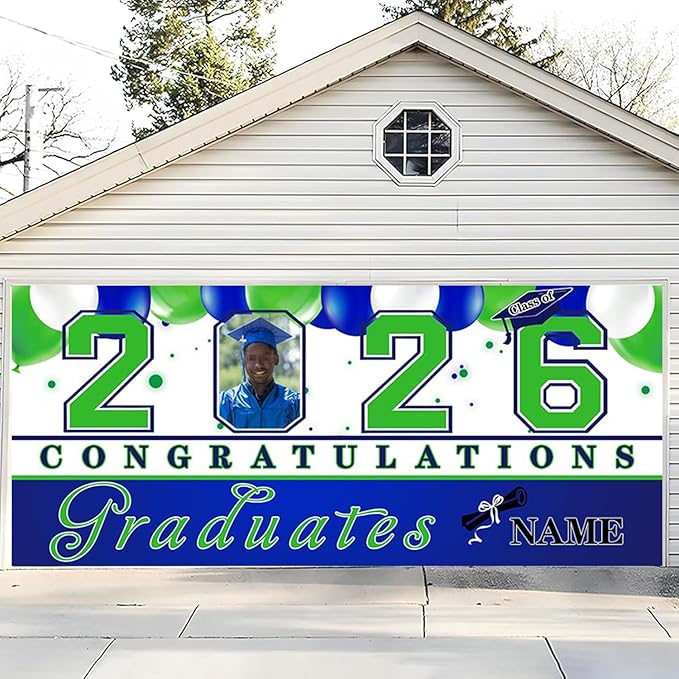 Custom Photo Graduation Garage Door Banner Personalized 2026 Grad Banner 7x16ft Porch Door Sign Decoration Outdoor Photo Booth Backdrop Party Supplies(Navy Blue)