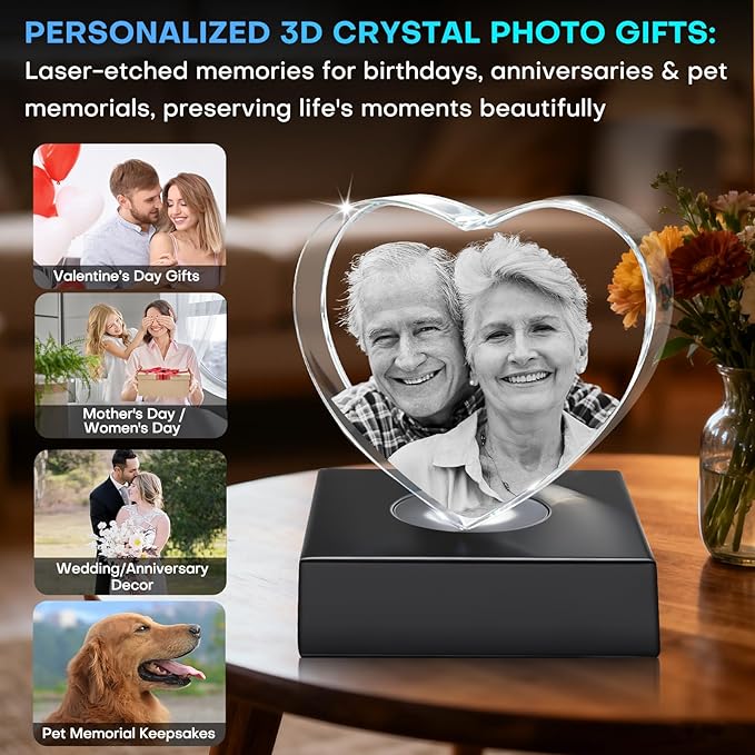 3D Crystal Photo,Valentine's Day Personalized Couple Gifts,for Women, Wife,Mom & Couples,Custom 3D Etched Photo Inside Heart Shape Sentimental Memorial Gift