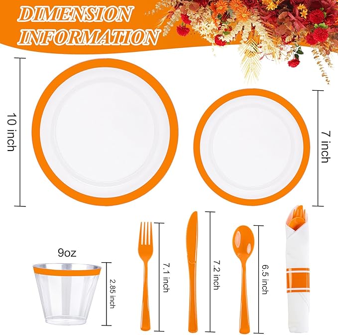 I00000 350 Pcs Clear Orange Plates for 50 Guests, Orange Disposable Plates Set Include 10" Dinner Plate, 7" Dessert Plate, 50 Cups, 50 Pre Rolled Napkins with Cutlery Set for Party and Wedding